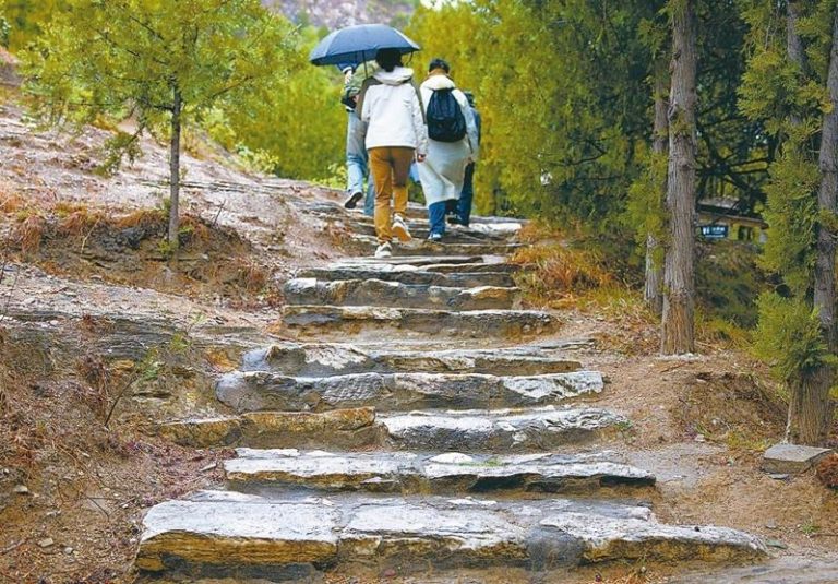 北京房山云居寺古道石阶依山就势铺设，古人在原石上稍加修饰、开凿出阶梯。（本报北京传真）