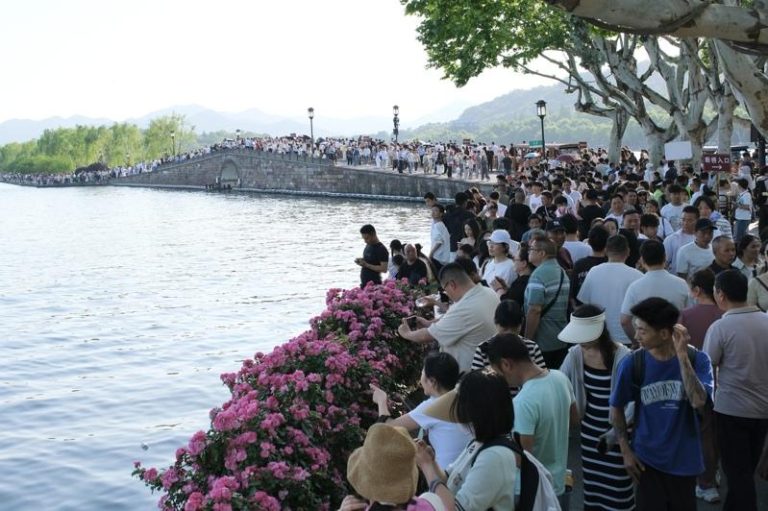 浙江杭州西湖景区断桥附近游人如织。 （中新社）