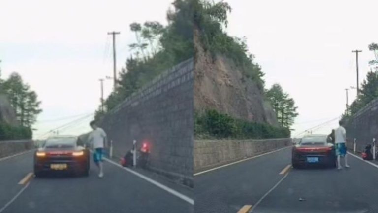 浙江宁波保时捷驾驶撞倒摩托车后，第一时间下车把黄色车牌摘下(左图)，换上蓝色车牌(右图)。(视频截屏)