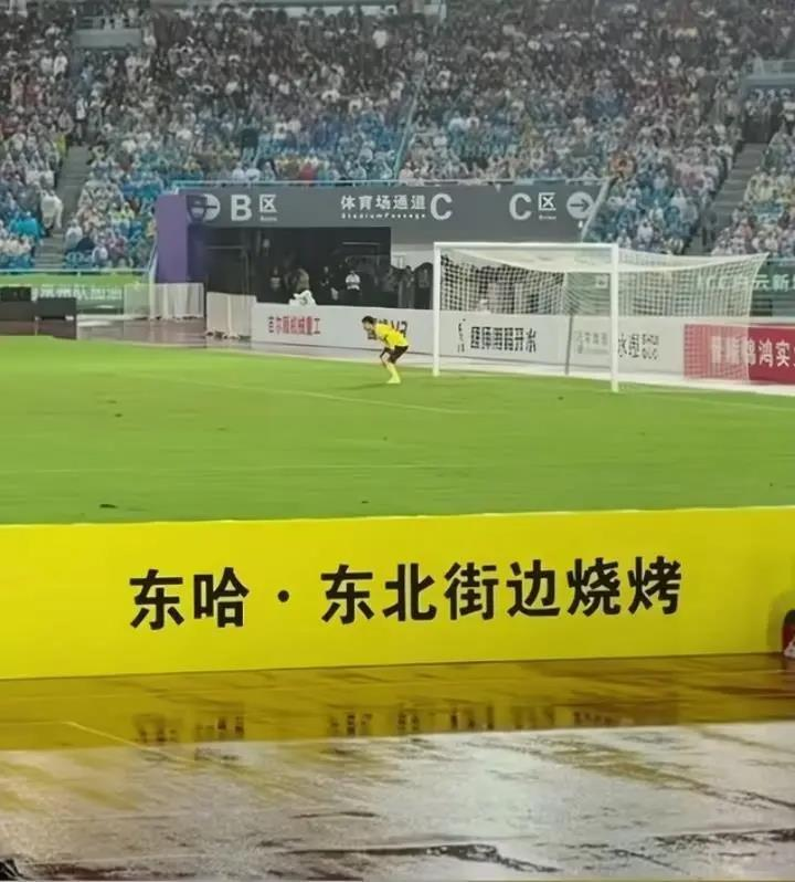 球场边的广告牌中,夹在一众高端大气的知名赞助商中的,是「东哈·东北街边烧烤」的大排档广告牌。(取材自极目新闻)