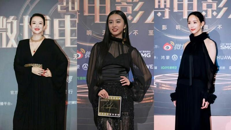 章子怡(左起)、木村光希、张钧宁出席「微博电影之夜」比美。(取材自微博)
