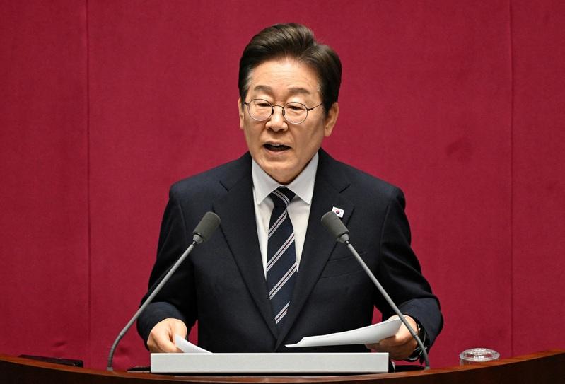 南韩总统李在明26日在国会发表就任后第1次施政演说。（路透）