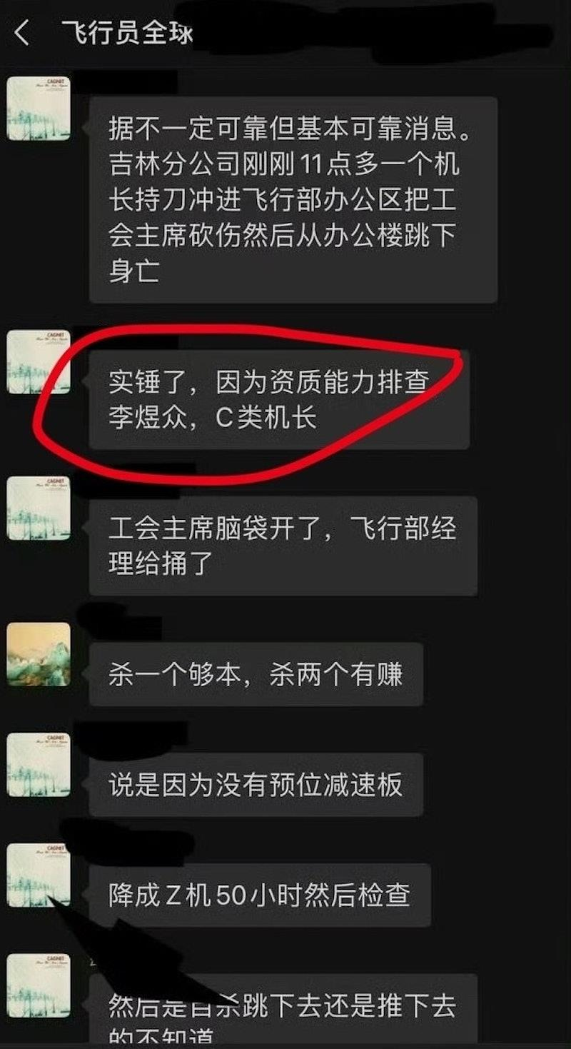 网传涉事的李某某（图中托腮者）是南航空巴A321机型的机长。（视频截屏）