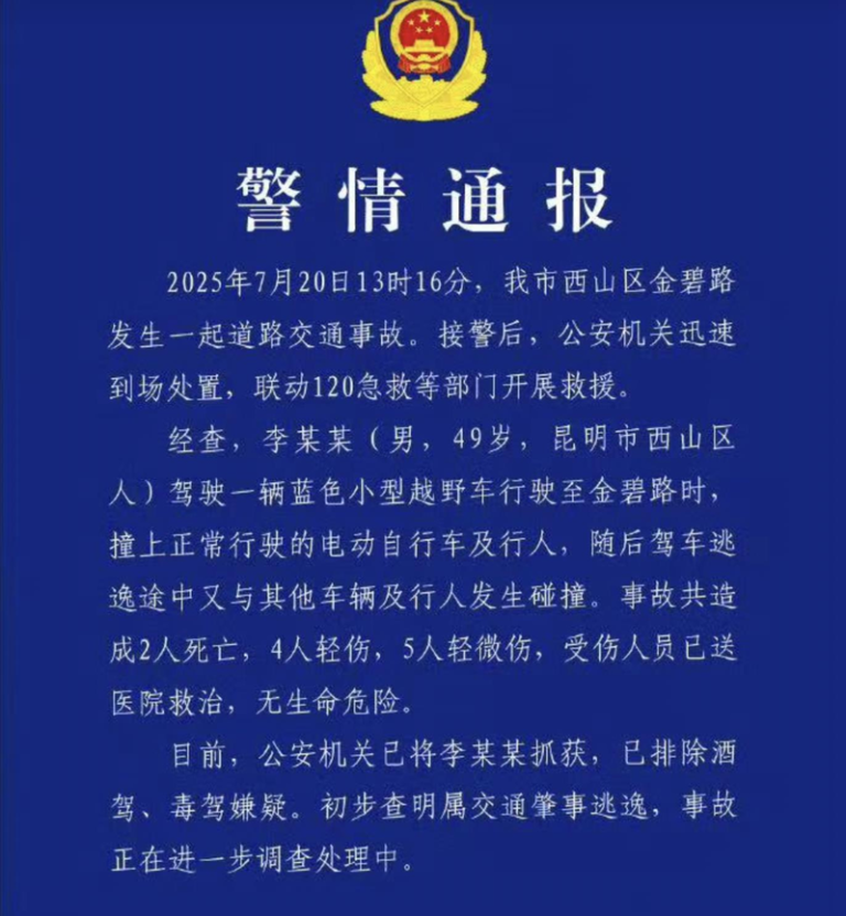 「昆明交警」微博账号的通报，肇祸司机是一名49岁李姓男子，昆明市西山区人，已被抓获。（取材自昆明警方警情通报）