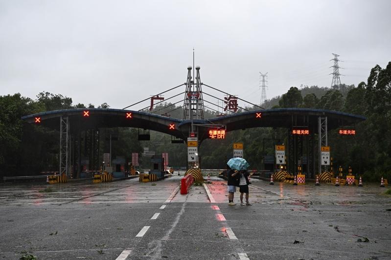 受台风「韦帕」影响，深圳局地遇险，图为位于深南大道西南侧辅道一棵大树被吹倒，一度影响交通，深圳园林绿化抢险队员正在排险处置。（中通社）