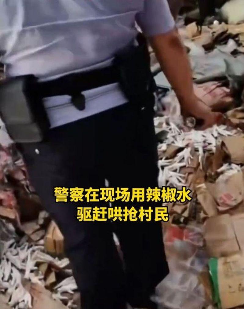 山东发生货车侧翻，10吨冻肉掉落，大量村民无视民警在场仍哄抢。(取材自抖音截屏)