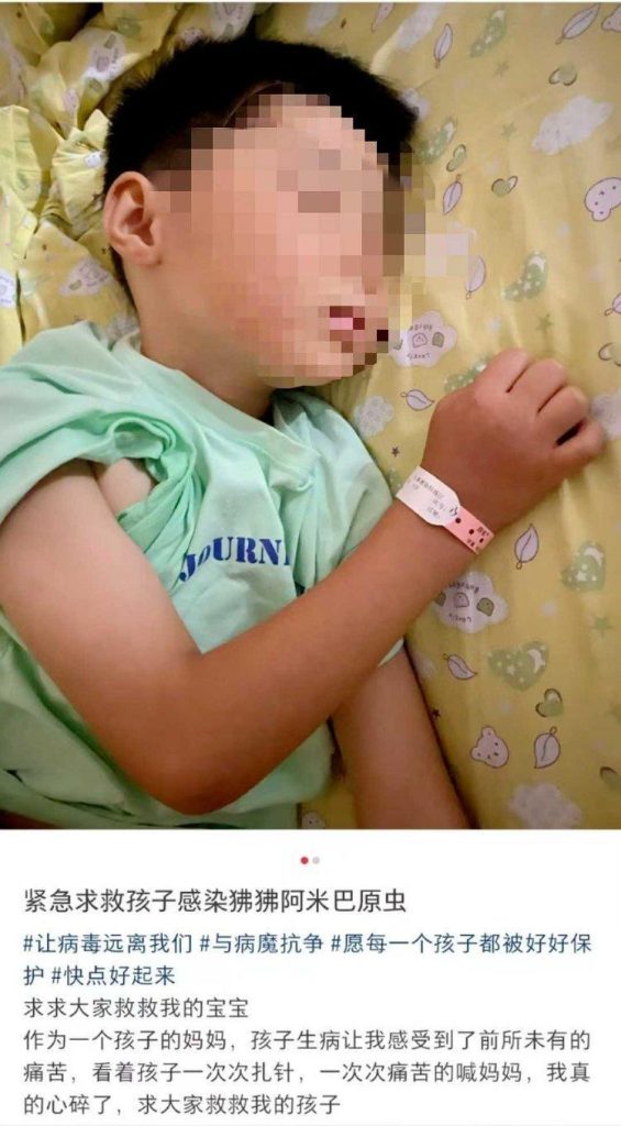 合肥一位家长也发帖求助称，6岁儿子感染「食脑虫」，已转至上海治疗。(取材自上游新闻)