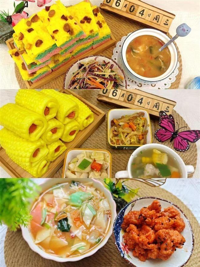 幼儿园的餐食颜色鲜艳,三色枣发糕和玉米肠卷被检出添加剂超标。(取材自极目新闻 )