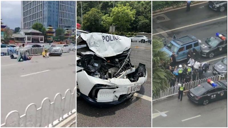 昆明撞人事件,造成2死9伤,警车也被撞毁。(取材自X平台)
