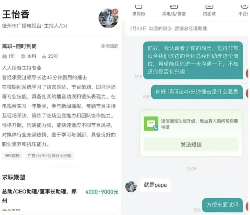 网传求职简历及对话。(取材自羊城晚报)