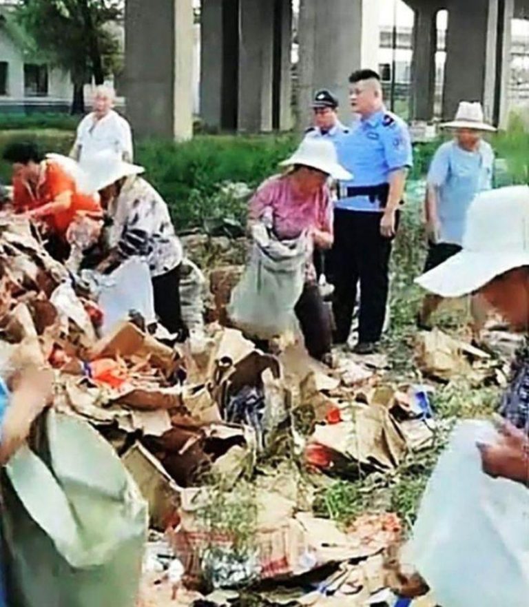 山东发生货车侧翻，10吨冻肉掉落，大量村民无视民警在场仍哄抢。(取材自抖音截屏)