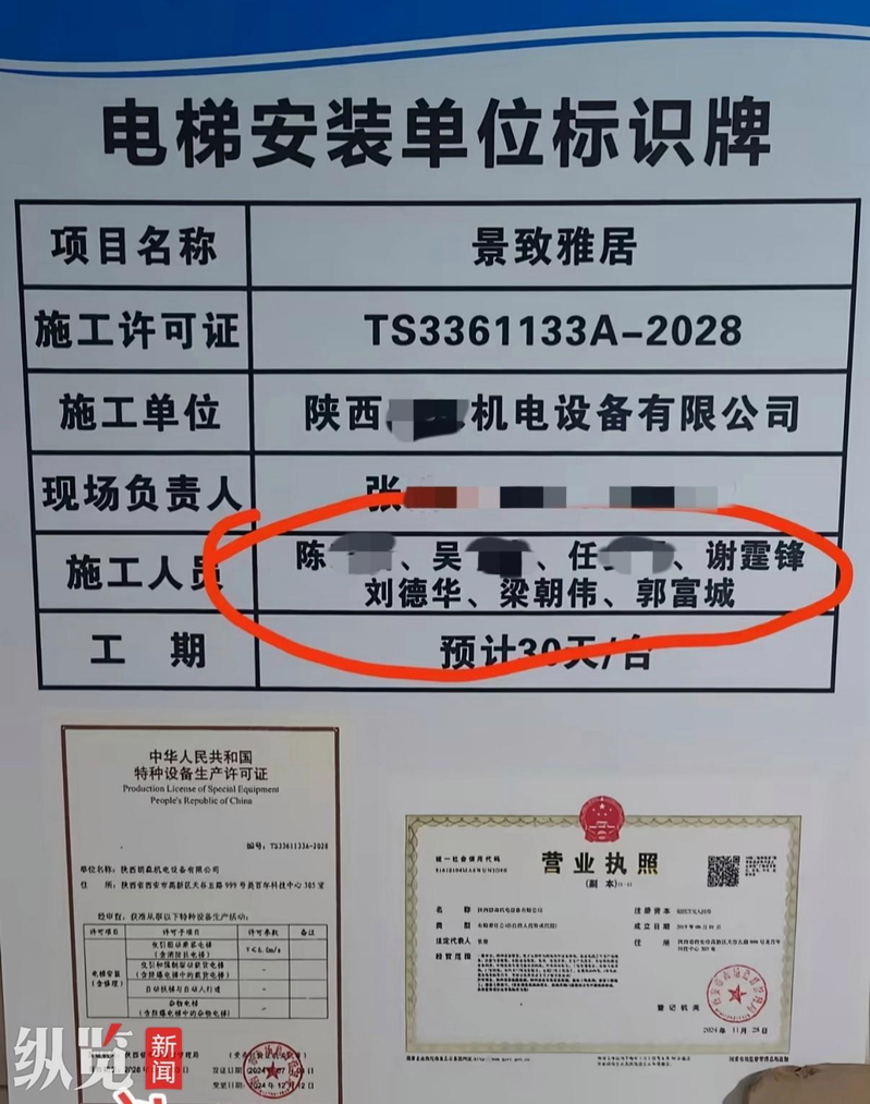 陜西西安一小区「电梯安装单位标识牌」上的施工人员名单，出现了谢霆锋、刘德华、梁朝伟、郭富城的名字。（取材自纵览新闻）