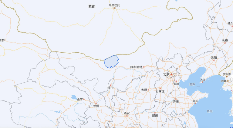 内蒙古自治区巴彦淖尔市乌拉特后旗（图中蓝色区块）爆发山洪，导致8人罹难、4人失联。（取材自百度地图）