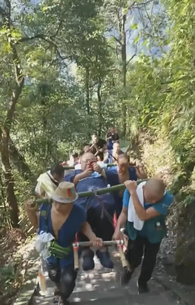 263斤男子坐滑竿上峨眉山。(取材自红星新闻)