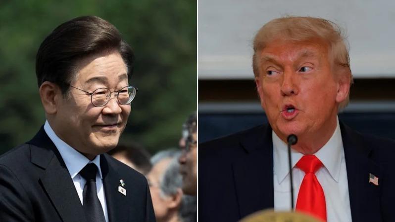 韩媒报导,南韩总统李在明(左)25日在白宫和美国总统川普(右)会谈时,将加码投资美国约1500亿美元的计划。(路透)