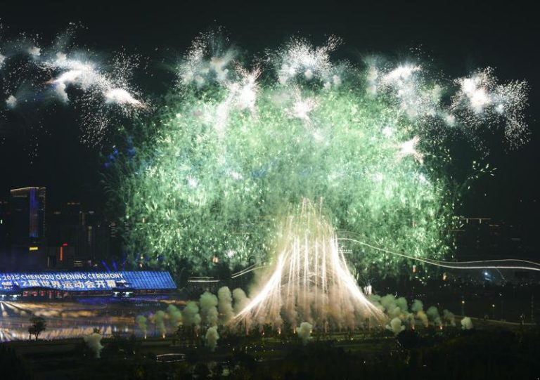 成都世运会开幕式上的焰火表演，在夜空中长出一颗「友谊之树」。 （新华社）