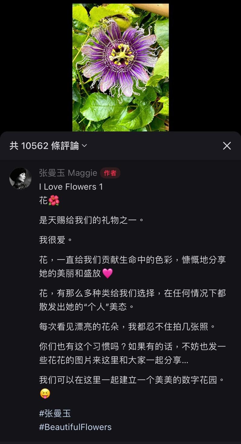60岁的张曼玉开通小红书分享生活点滴。(取材自小红书)