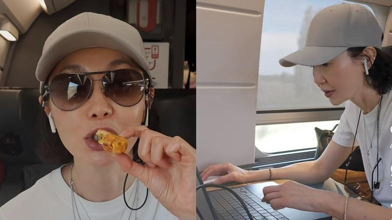 张曼玉坐火车遇到延误,直接开吃。(摘自张曼玉小红书)