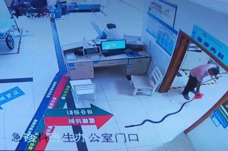 当日监视器画面拍摄下病患家属拖着两米多长的蛇就医。(取材自央广中国之声)