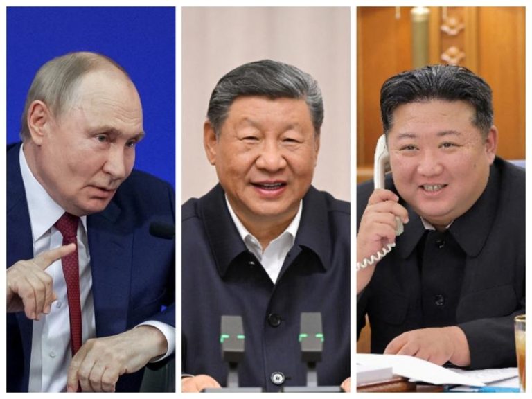 中国9月3日将在北京举行阅兵仪式庆祝抗战胜利80周年，俄罗斯总统普亭(左)与北韩最高领导人金正恩(右)均将出席，届时中国国家主席习近平(中)与普亭和金正恩将并肩同台。(路透、欧新社)