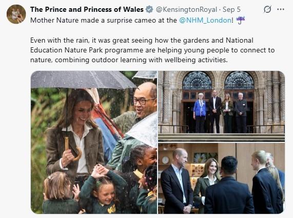 英国凯特王妃(右)和威廉王子4日现身伦敦自然史博物馆，王妃一头金发造型引起热议。（取材自Ｘ平台）