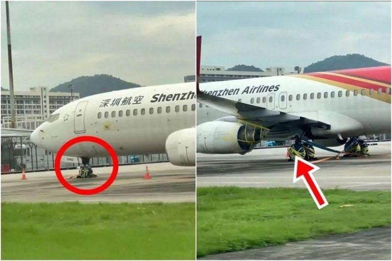 深圳航空的飞机轮胎上缠满了胶带。(取材自微博)