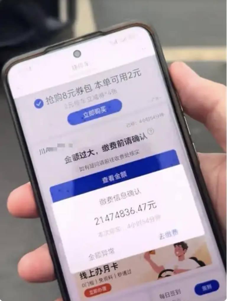 一位四川游客发影片称，在瓦屋山景区停车场取车时遭当天价收费，手机支付系统显示停车4小时54分，需支付2147万4836.47元人民币。（取材自大风新闻）
