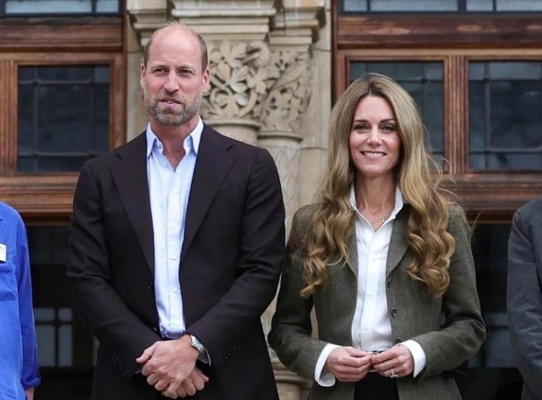 英国凯特王妃(右)和威廉王子4日现身伦敦自然史博物馆，王妃一头金发造型引起热议。（取材自Ｘ平台）