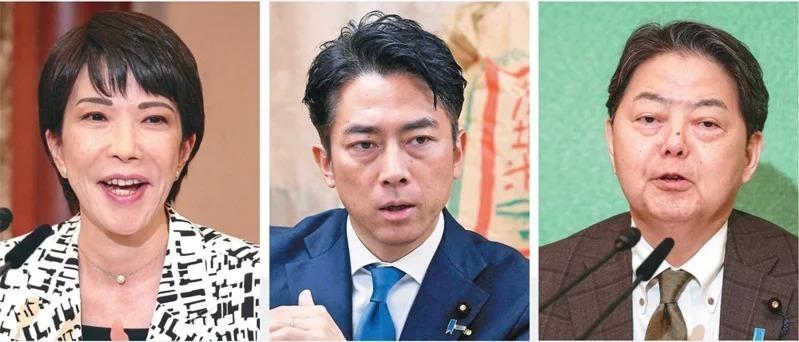 日本前经济安全保障大臣高市早苗(左起)、农林水产大臣小泉进次郎、内阁官房长官林芳正被认为是最有希望的下任自民党总裁人选。( 路透)