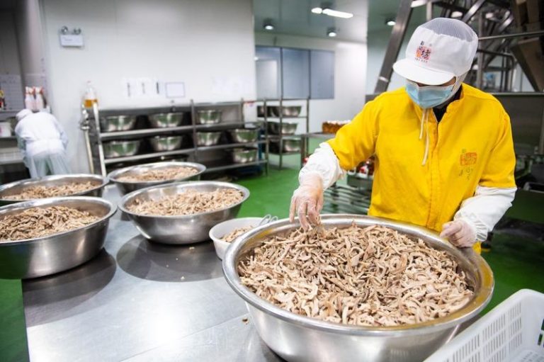 湖南彭记坊农业科技发展有限公司预制菜生产车间，工作人员在处理食材。(新华社)