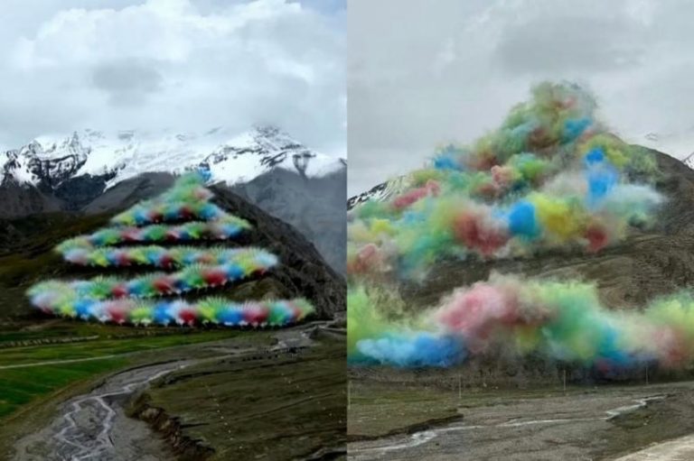 户外品牌始祖鸟与艺术家蔡国强在西藏喜马拉雅山脉合作实施的烟火艺术计划「升龙」引发巨大争议与众怒。(摘自微博)