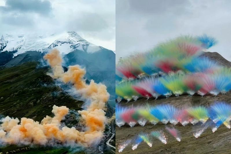 户外品牌始祖鸟与艺术家蔡国强在西藏喜马拉雅山脉合作实施的烟火艺术计划「升龙」引发巨大争议与众怒。(摘自微博)
