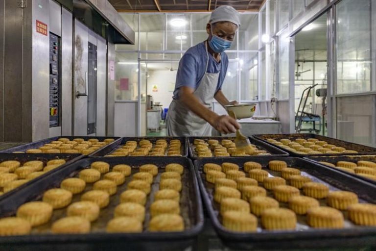 各地加紧制作月饼，供应中秋节日市场。图为24日，江苏泰州市1家食品生产企业制作月饼。（新华社）