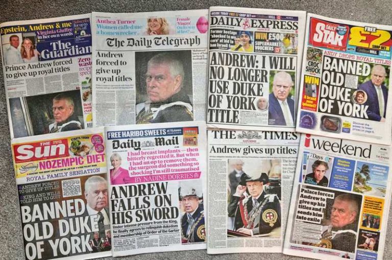 查理国王胞弟安德鲁近日频频登上英国各报头版，都是负面新闻。(美联社)