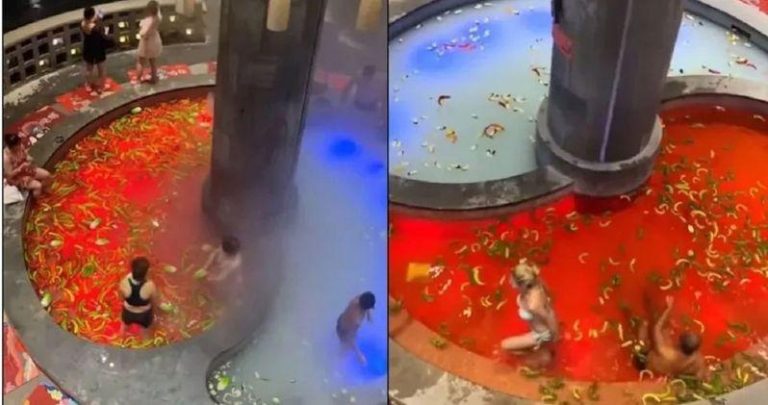 哈尔滨度假村澡堂 「真人版鸳鸯锅」猎奇画面又掀话题 哈尔滨一间度假村的澡堂,因为神似鸳鸯火锅造型,引发网友热烈讨论。(翻摄自IG@travel_withmonica)