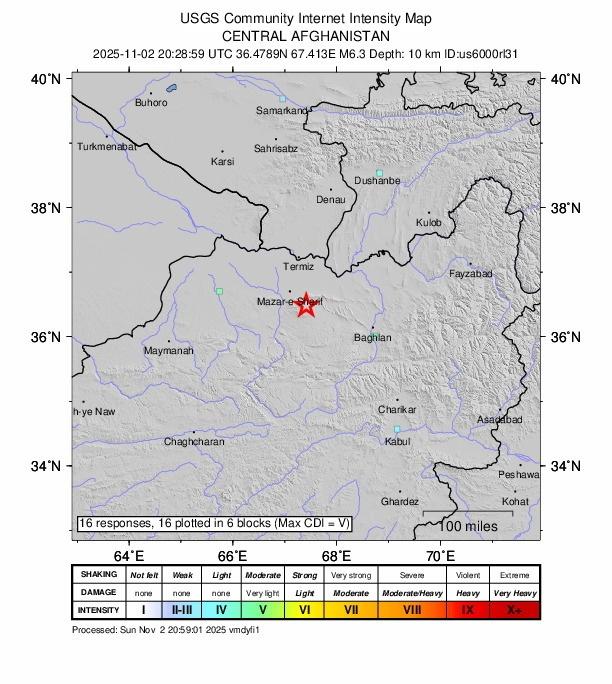 阿富汗于2日深夜至3日凌晨左右发生规模6.3地震。图为美国地质调查所提供。(欧新社)