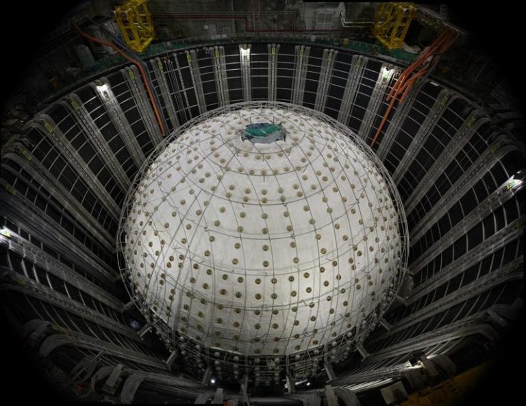 探测精度提高1.8倍 江门中微子实验2个月成绩超他国20年 2024年10月9日拍摄的建设中的江门中微子实验中心探测器。(新华社)