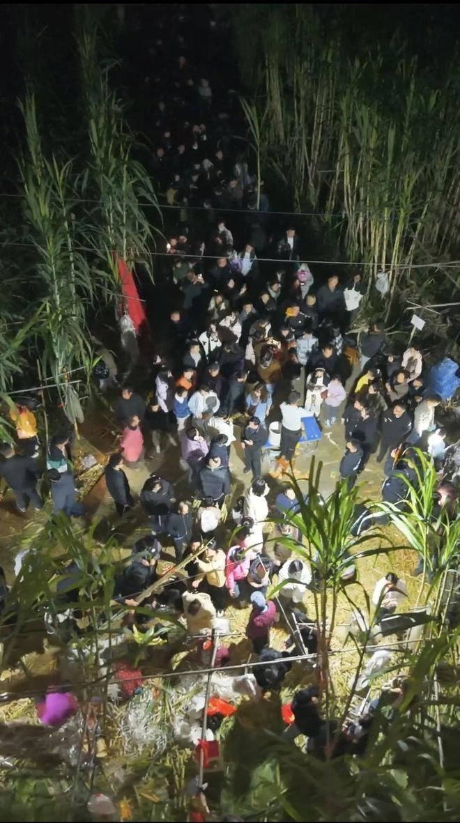 入夜后童鹏飞甘蔗地里人头攒动。(取材自小二爱航拍)