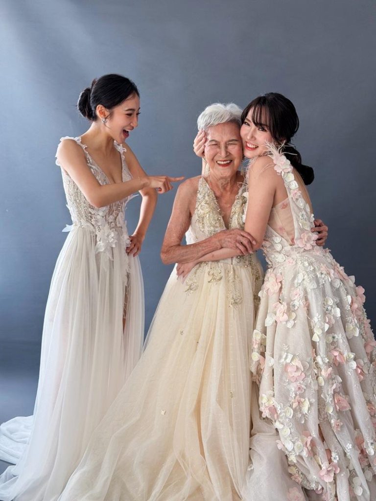 夏宇禾（左起）和阿嬷、姊姊雅昀。图／LEOLA莉欧菈高级订制礼服婚纱提供