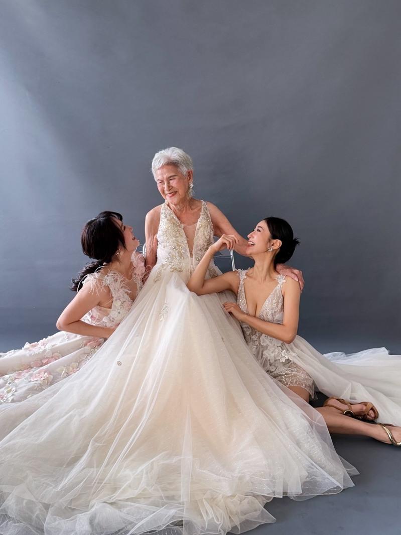 夏宇禾（左起）和阿嬷、姊姊雅昀。图／LEOLA莉欧菈高级订制礼服婚纱提供