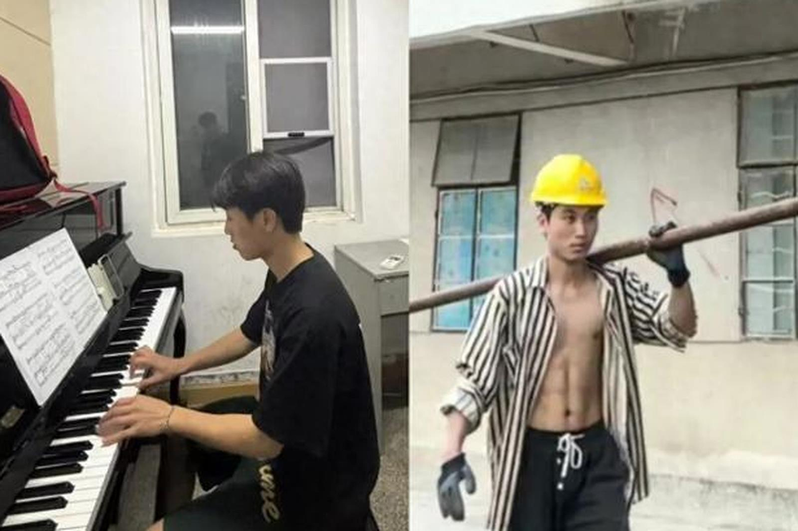22岁大学生柳伟东在学校练钢琴(左),在工地扛钢管(右) 。(取材自九派新闻)