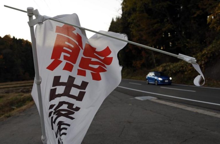 熊出没暴增 日保险业首创「熊保险」补偿观光业者损失 图为日本东北部秋田县和野市一幅「熊出没注意」的旗帜。(欧新社)