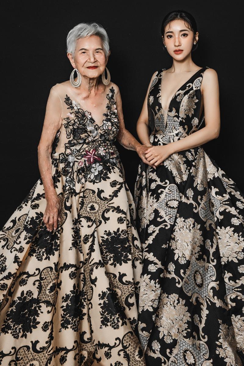 夏宇禾（左起）和阿嬷、姊姊雅昀。图／LEOLA莉欧菈高级订制礼服婚纱提供