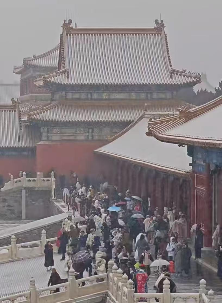 北京下雪了 故宫挤满汉服小姐姐 有人请假预约午门赏雪 故宫赏雪「人山人海」。(视频截屏)
