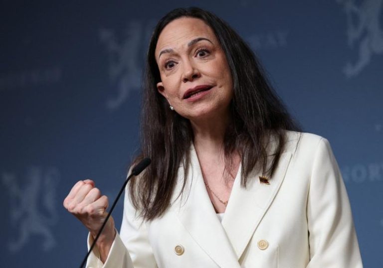 诺贝尔和平奖得主、委内瑞拉反对派领袖玛马查多12月11日在挪威奥斯陆发表谈话。(路透)