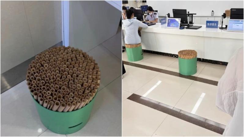 河北石家庄市桥西区税务局大厅凳子被指形似「刑具」。(取材自九派新闻)