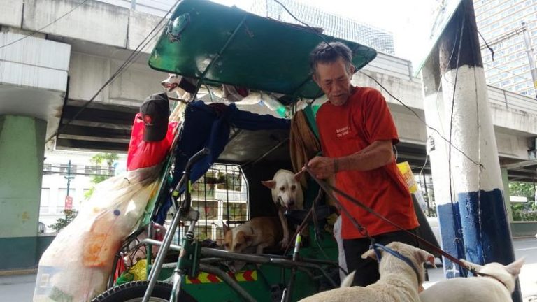 以三轮车为家的67岁马尼拉街友卡罗斯，即使连自己的温饱都难以顾全，仍无怨无悔守护6条流浪狗，感动无数网友。(中央社)