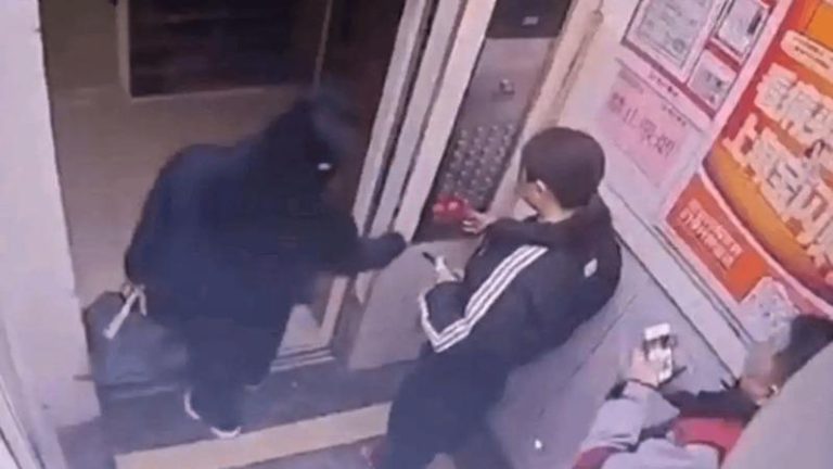 一名女子早高峰占住电梯不让门闗上，被同乘者推出去后双方厮打。（视频截屏）