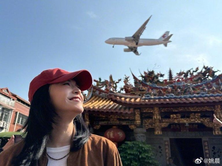 土豆拍摄妈妈姚晨和飞机同框。（取材自微博）
