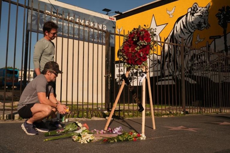 洛杉矶好莱坞星光大道上，罗伯雷纳的星形奖章前摆放着鲜花花圈。（美联社）